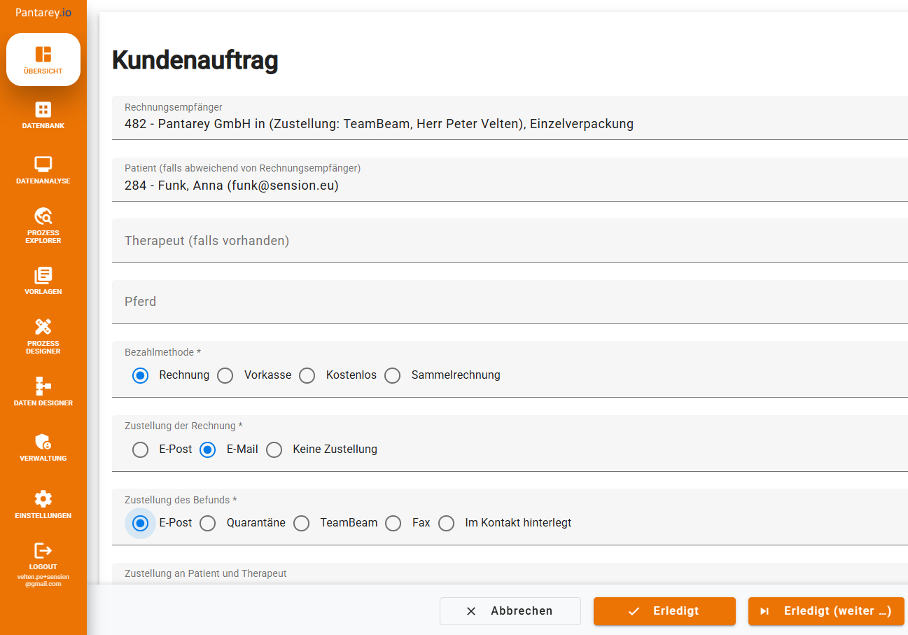 Kundenauftrag Formular in Pantarey