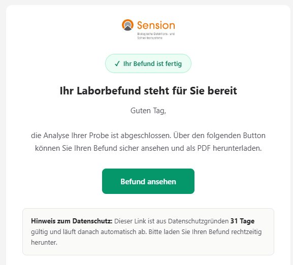 E-Mail mit sicherem Download-Link für den Befund